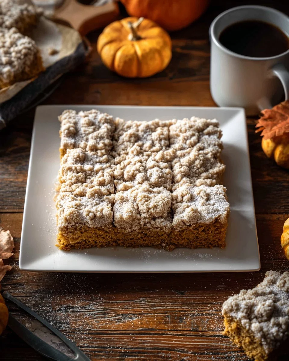 Delicious Pumpkin Spice Coffee Cake topped with icing and spices