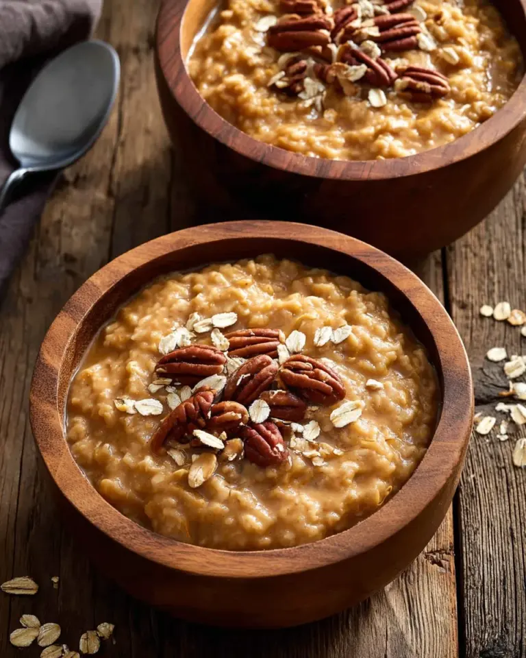 Bowl of pumpkin spice oatmeal topped with nuts and a drizzle of honey