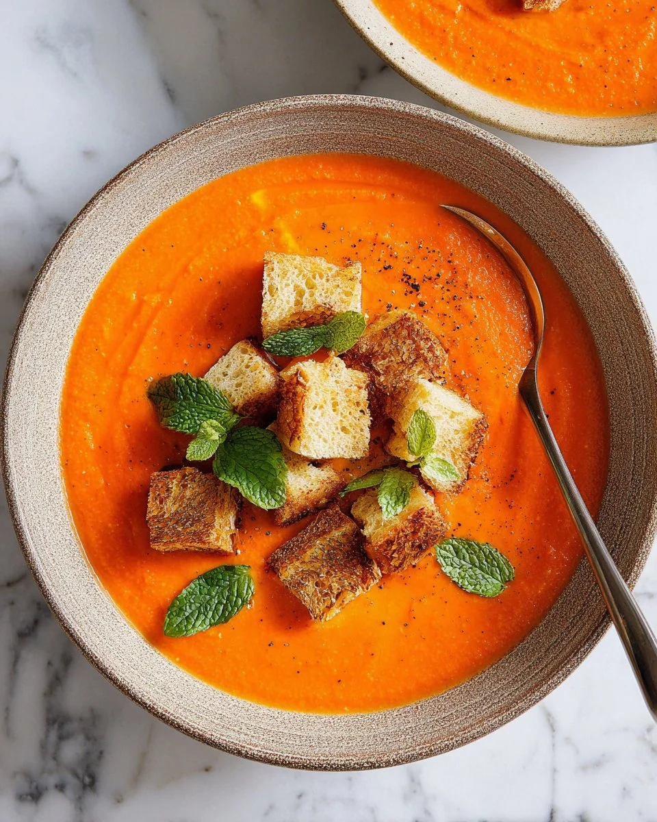 Bowl of Pumpkin Tomato Soup garnished with herbs and served with crusty bread