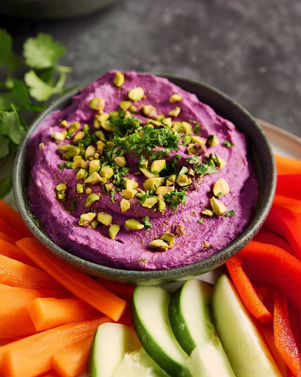 Bowl of vibrant purple sweet potato hummus served with fresh vegetables