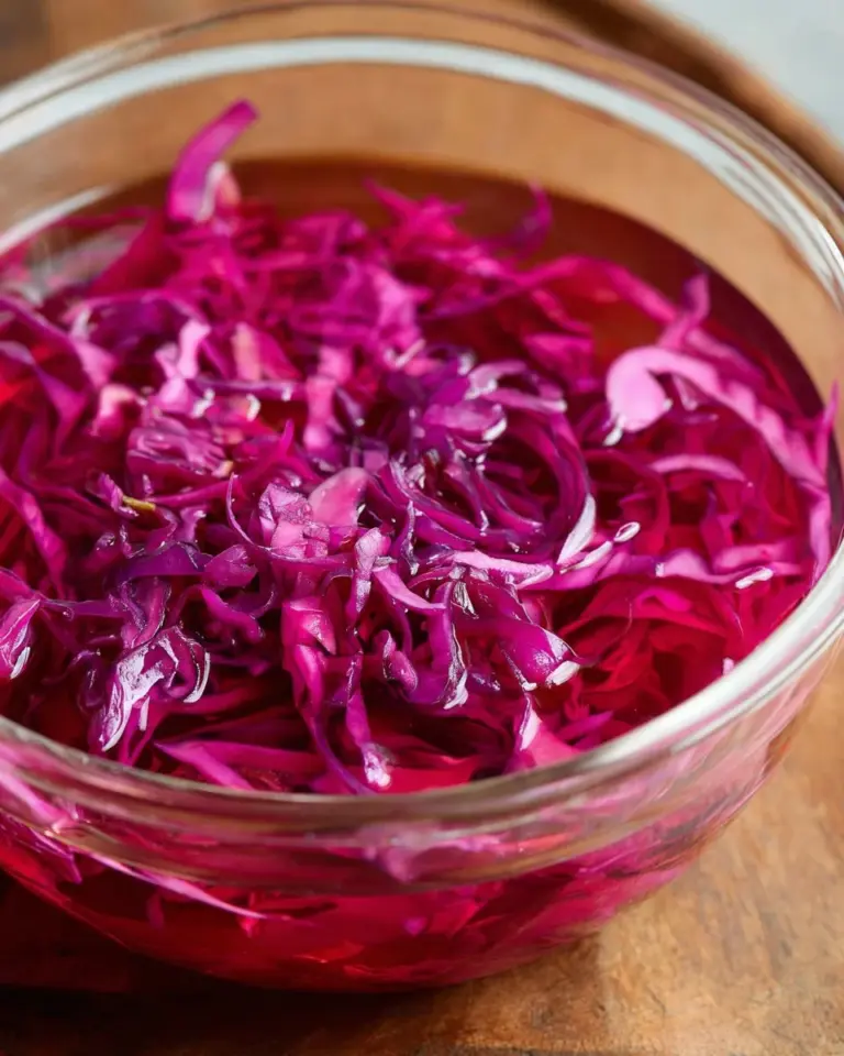 Jar of quick pickled red cabbage with spices and herbs