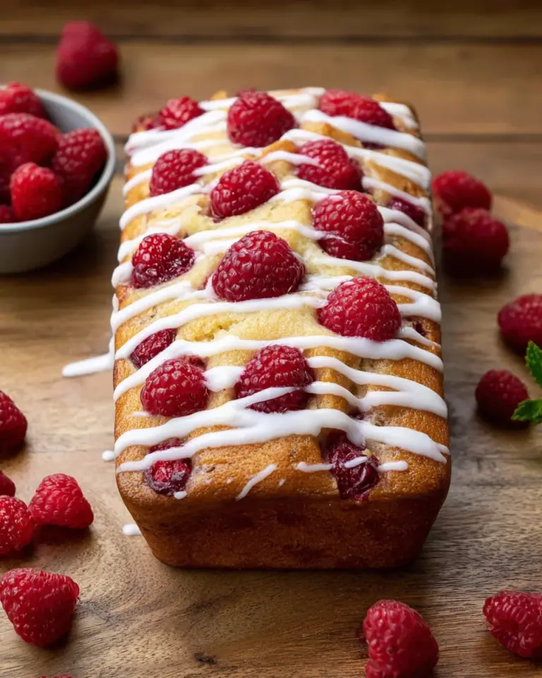 Delicious homemade Raspberry Loaf with fresh raspberries on a wooden table