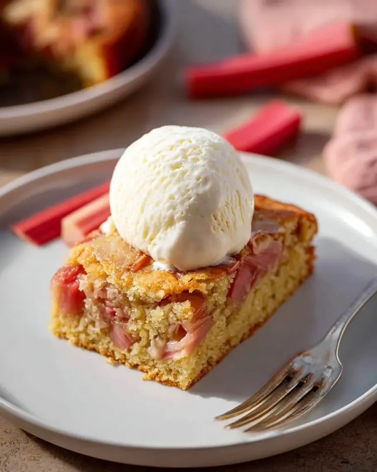 Delicious rhubarb cake served with rich rhubarb sauce on a plate