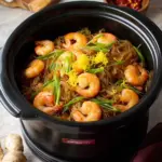 Rice Cooker Noodles with Shrimp and Ginger served in a bowl
