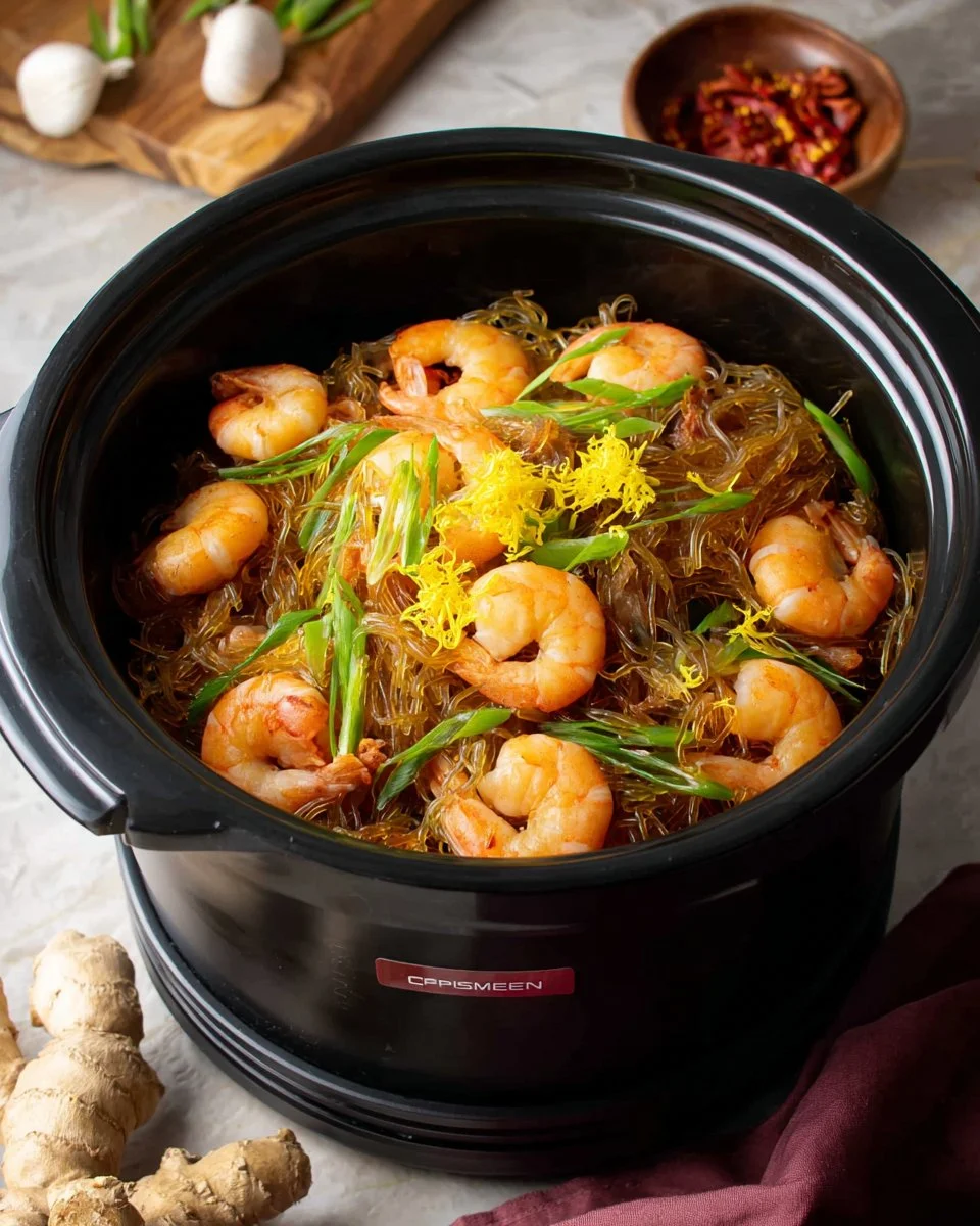Rice Cooker Noodles with Shrimp and Ginger served in a bowl