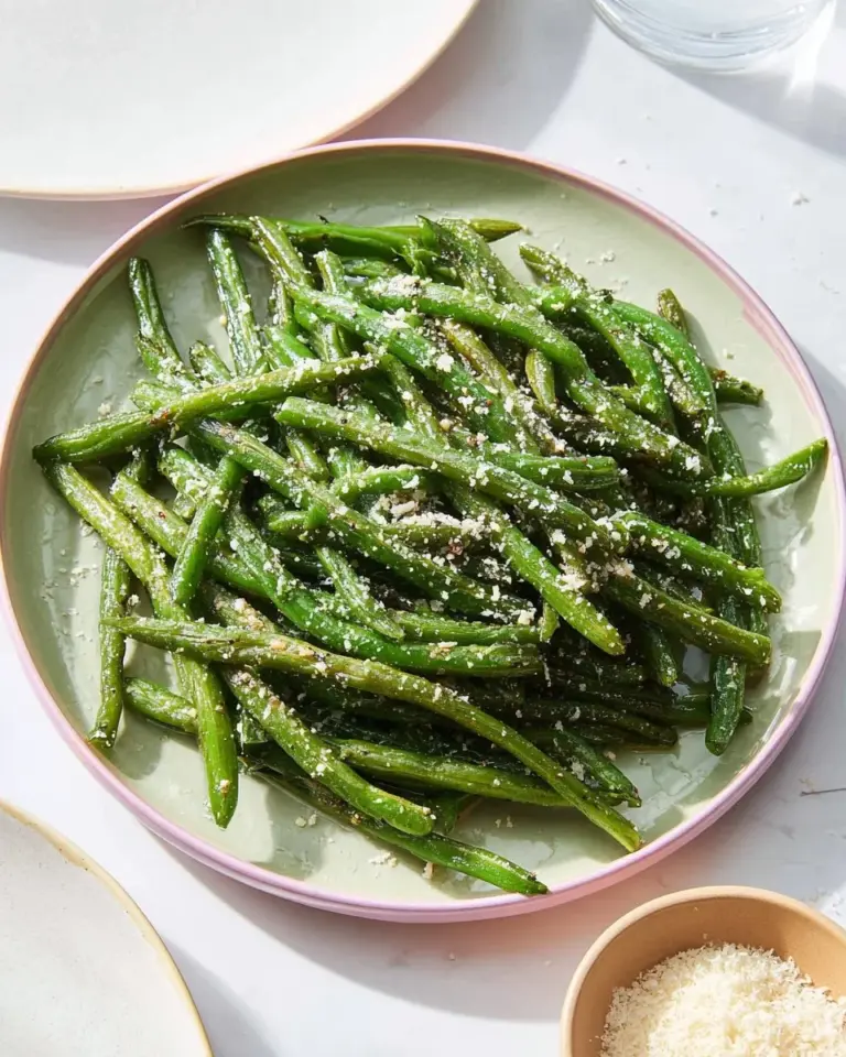 Bowl of roasted frozen green beans, seasoned and ready to serve as a healthy side dish.