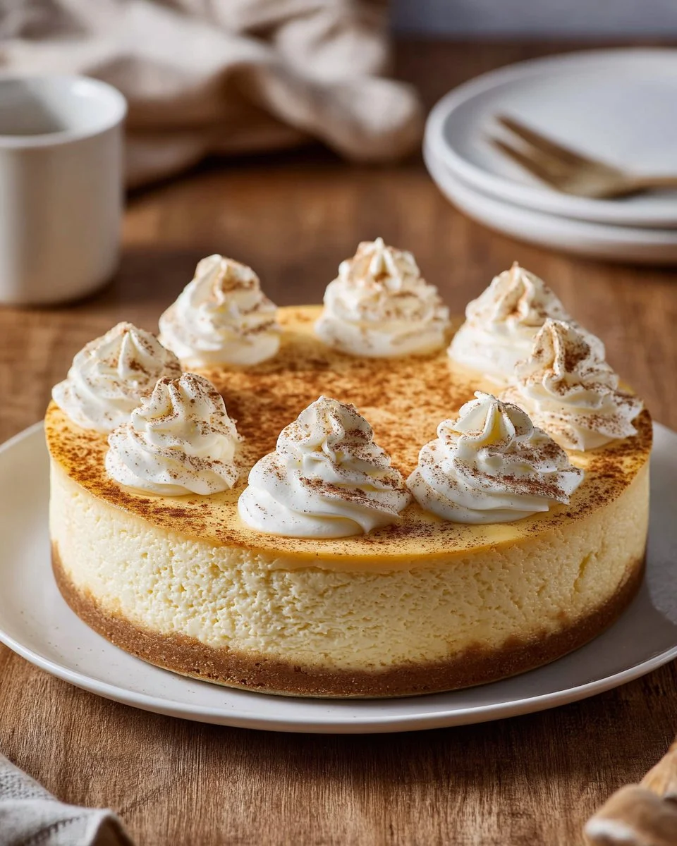 Delicious RumChata Cheesecake topped with whipped cream and cinnamon