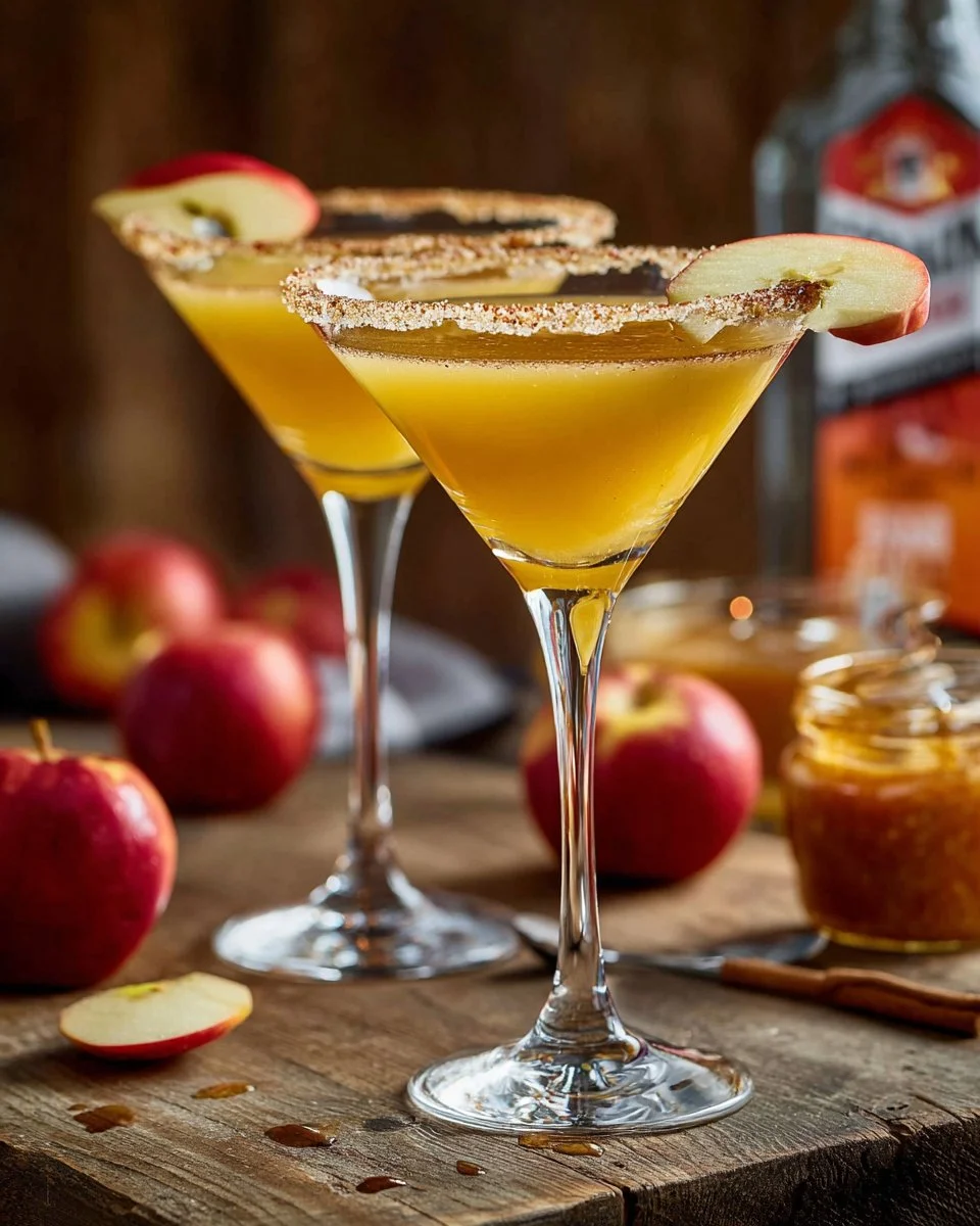 Delicious Salted Caramel Apple Martini cocktail garnished with an apple slice.