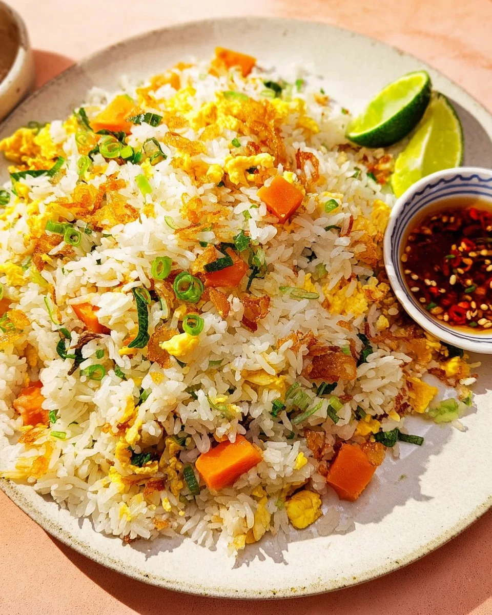 Plate of Salted Fish Fried Rice garnished with herbs and vegetables