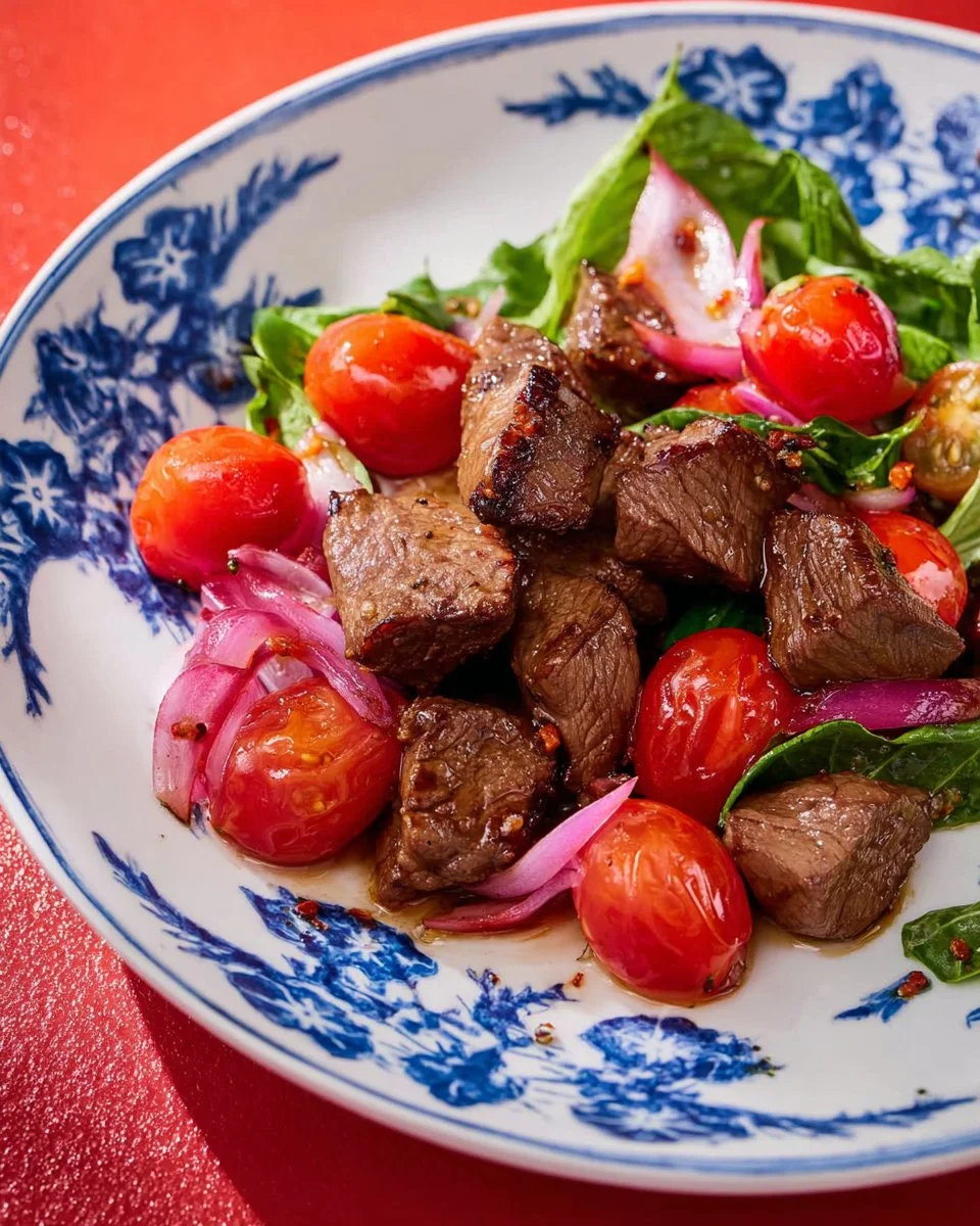 Plate of Shaking Beef served with vegetables and rice