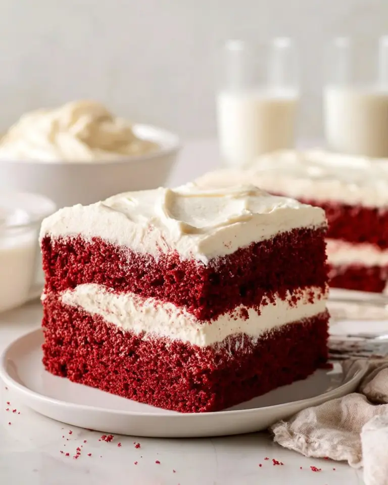 Delicious sheet pan red velvet cake with cream cheese frosting served on a table.