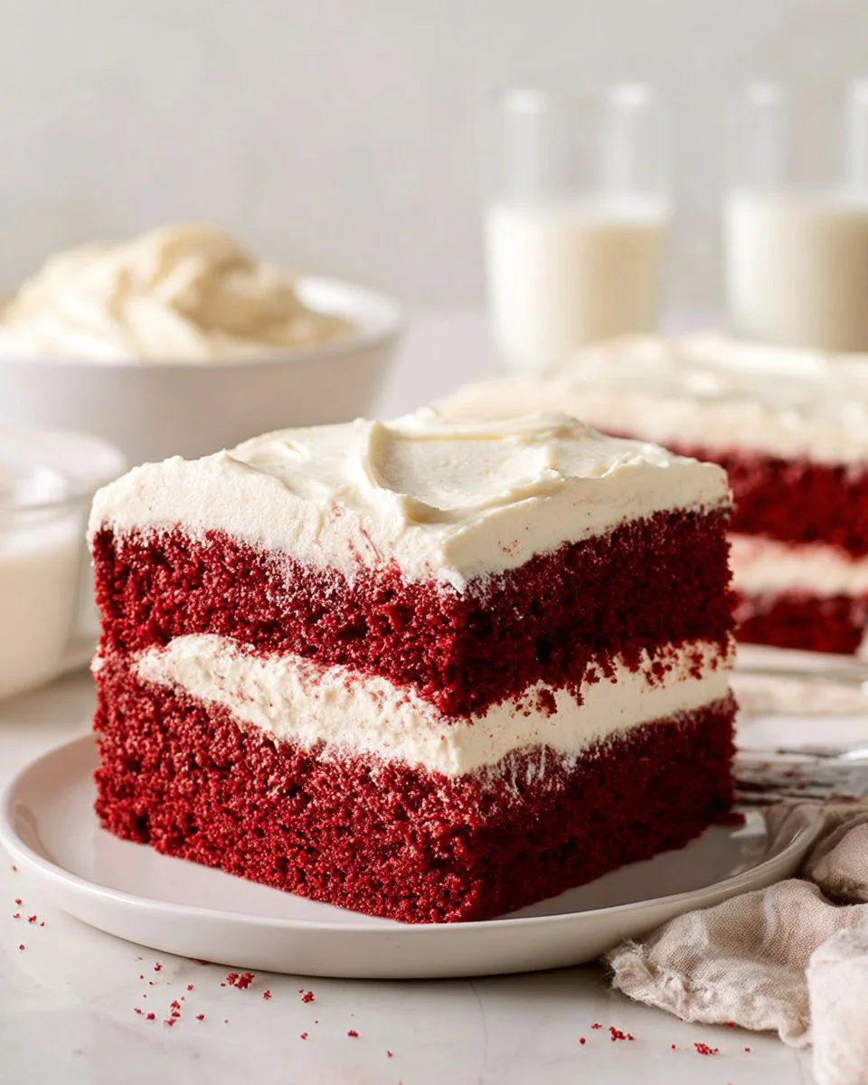 Delicious sheet pan red velvet cake with cream cheese frosting served on a table.