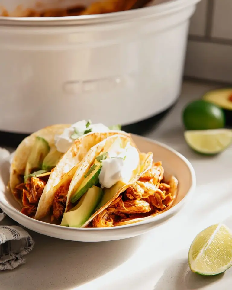 Shredded chicken tacos made in a Crock Pot, served with fresh toppings.