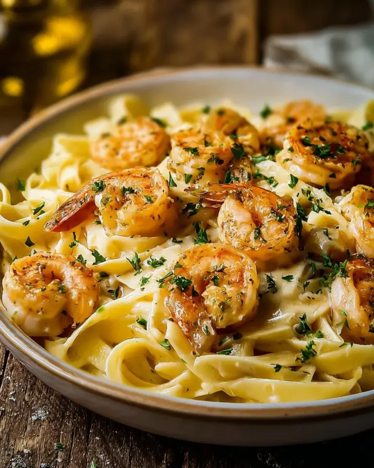Plate of Shrimp Alfredo Pasta garnished with parsley