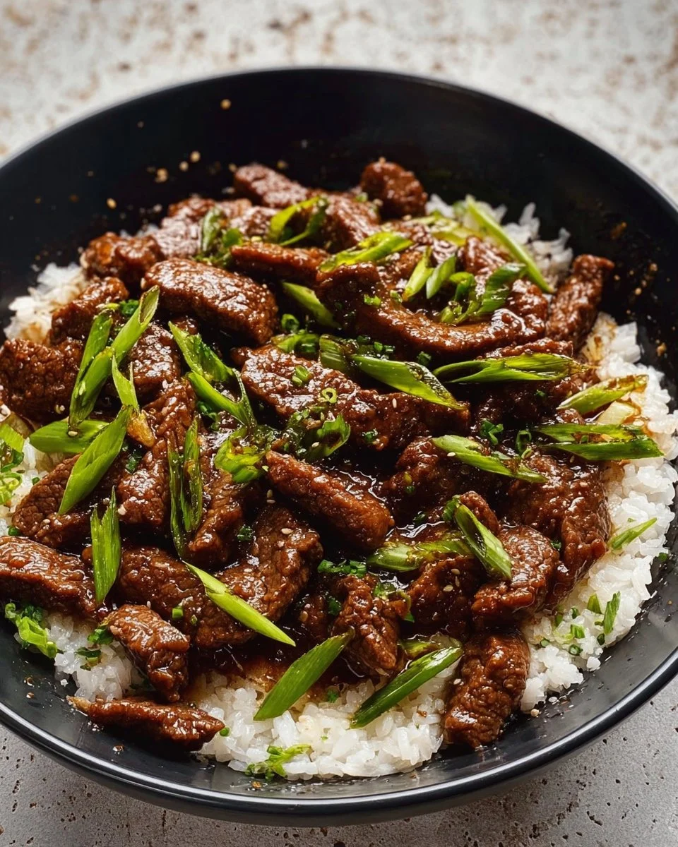 Delicious plate of Simple Mongolian Beef with vegetables and rice