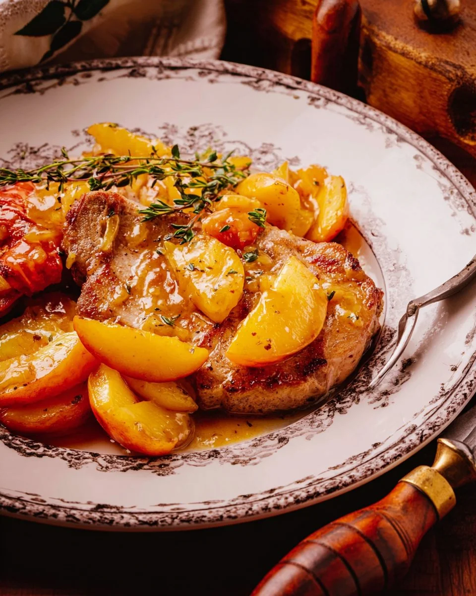 Skillet pork chops cooked with apples and a savory pan sauce.