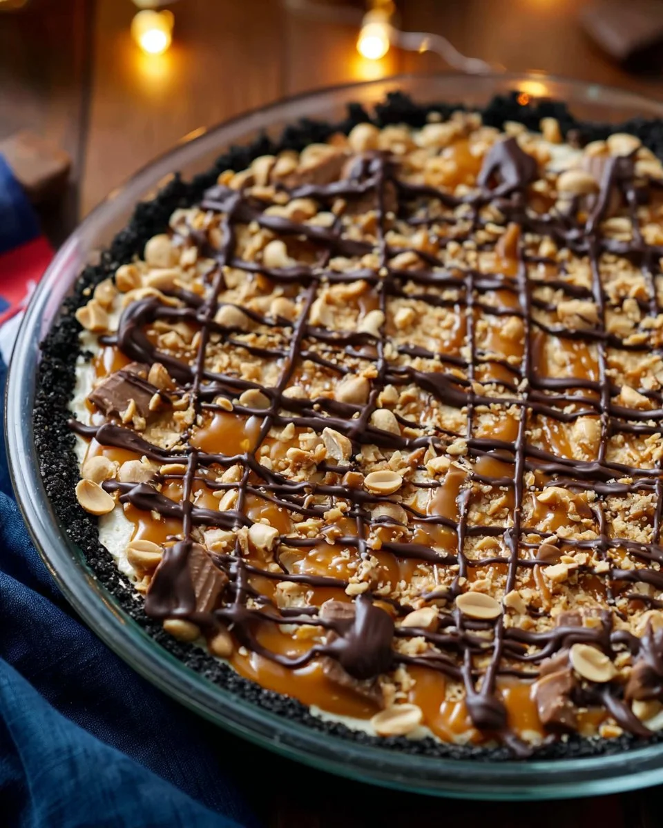 Delicious homemade Snickers Pie topped with chocolate and peanut layers