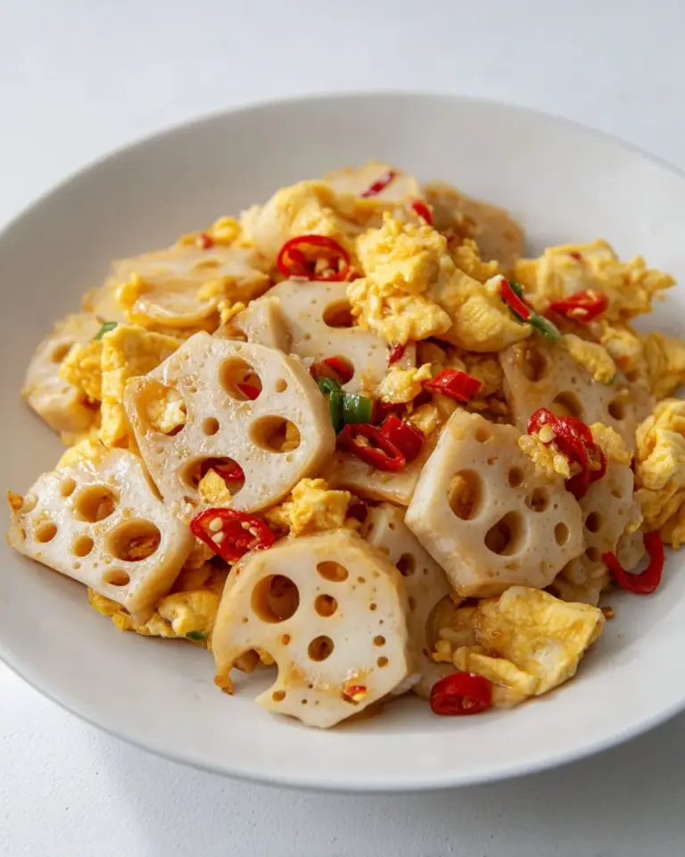 Spicy Lotus Root Stir Fry dish with colorful vegetables in a pan