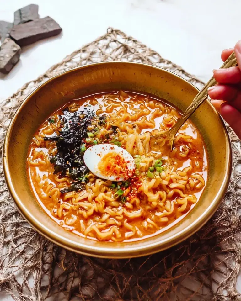 Bowl of spicy ramen topped with vegetables and egg