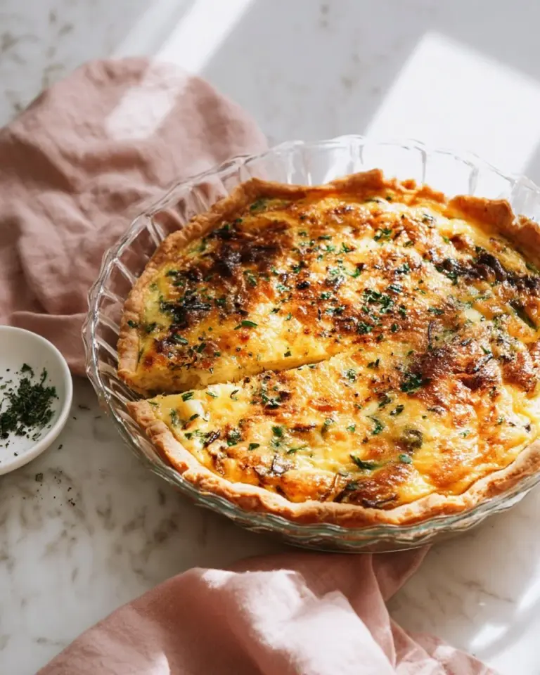 Delicious Spinach Mushroom Quiche fresh out of the oven on a kitchen counter