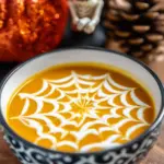 Bowl of spooky Halloween carrot soup garnished with creepy decorations.
