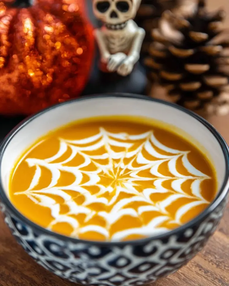 Bowl of spooky Halloween carrot soup garnished with creepy decorations.