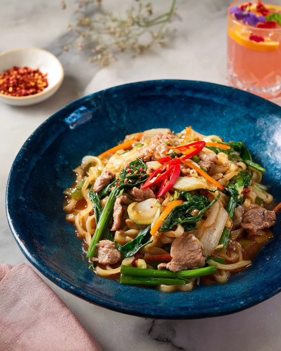 Plate of stir-fried rice noodles with pork gravy garnished with herbs