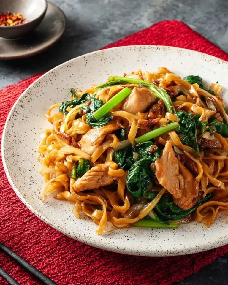 Plate of stir-fried noodles with soy sauce garnished with vegetables.