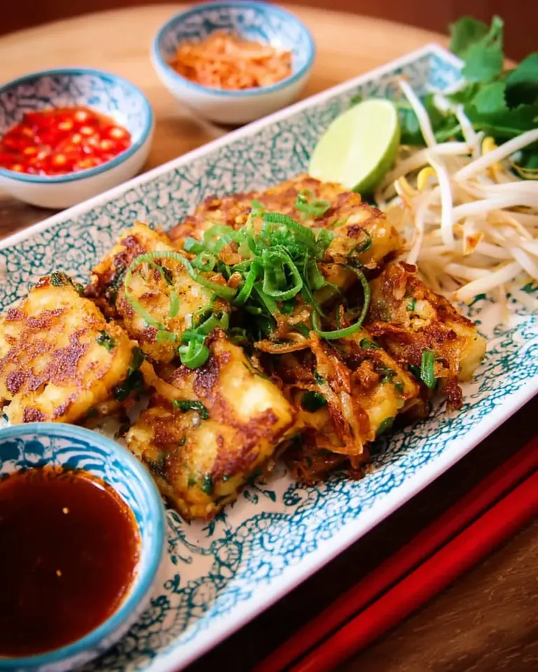 Stir Fried Turnip Cake (lo bak go) Thai Style served on a plate