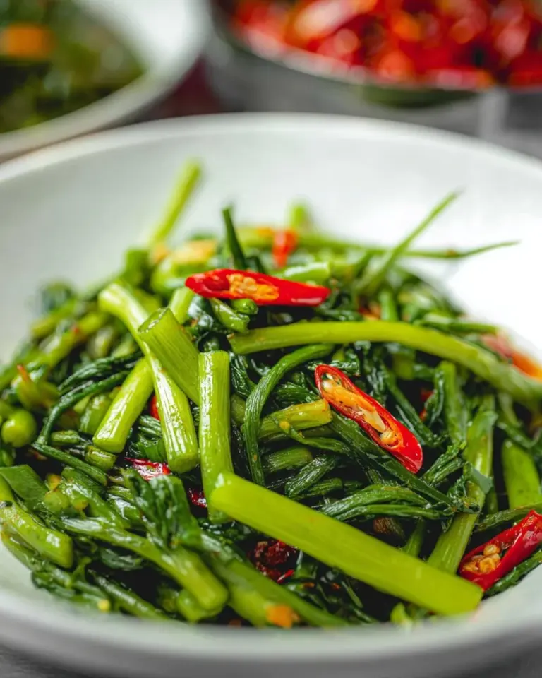 Delicious stir-fried water spinach on a plate garnished with garlic.