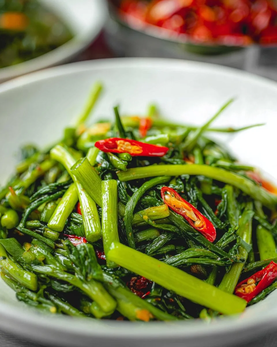 Delicious stir-fried water spinach on a plate garnished with garlic.