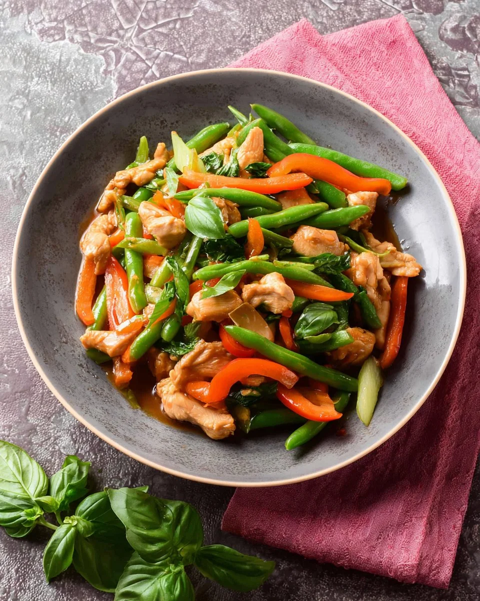 Colorful stir fry with fresh vegetables and chicken served in a pan.