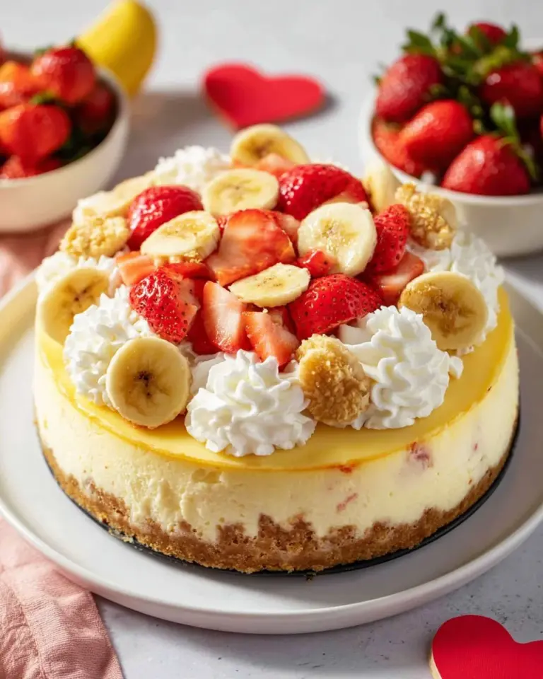 Slice of strawberry banana cheesecake topped with fresh strawberries and bananas