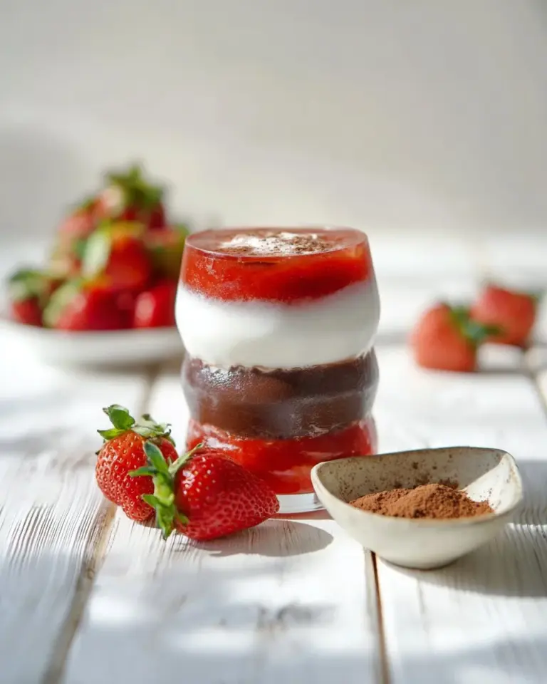 Refreshing Strawberry Hojicha Latte with strawberries and roasted tea.