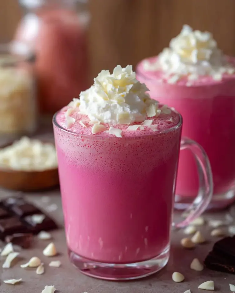 Delicious strawberry hot chocolate topped with whipped cream and strawberries