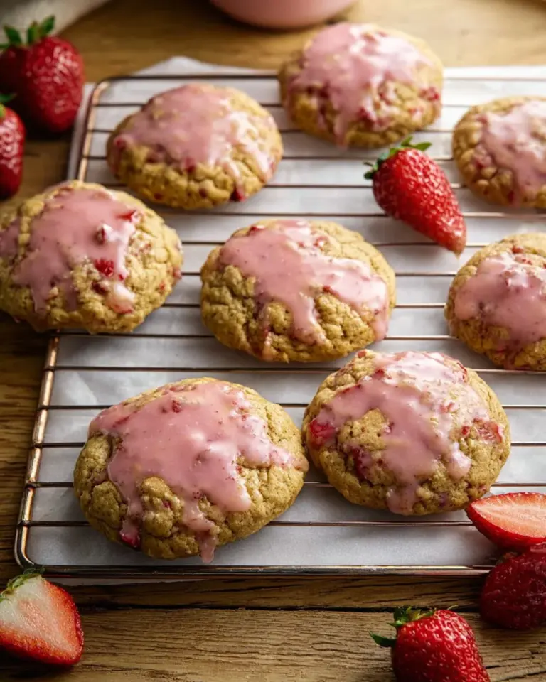 Freshly baked strawberry iced oatmeal cookies on a cooling rack