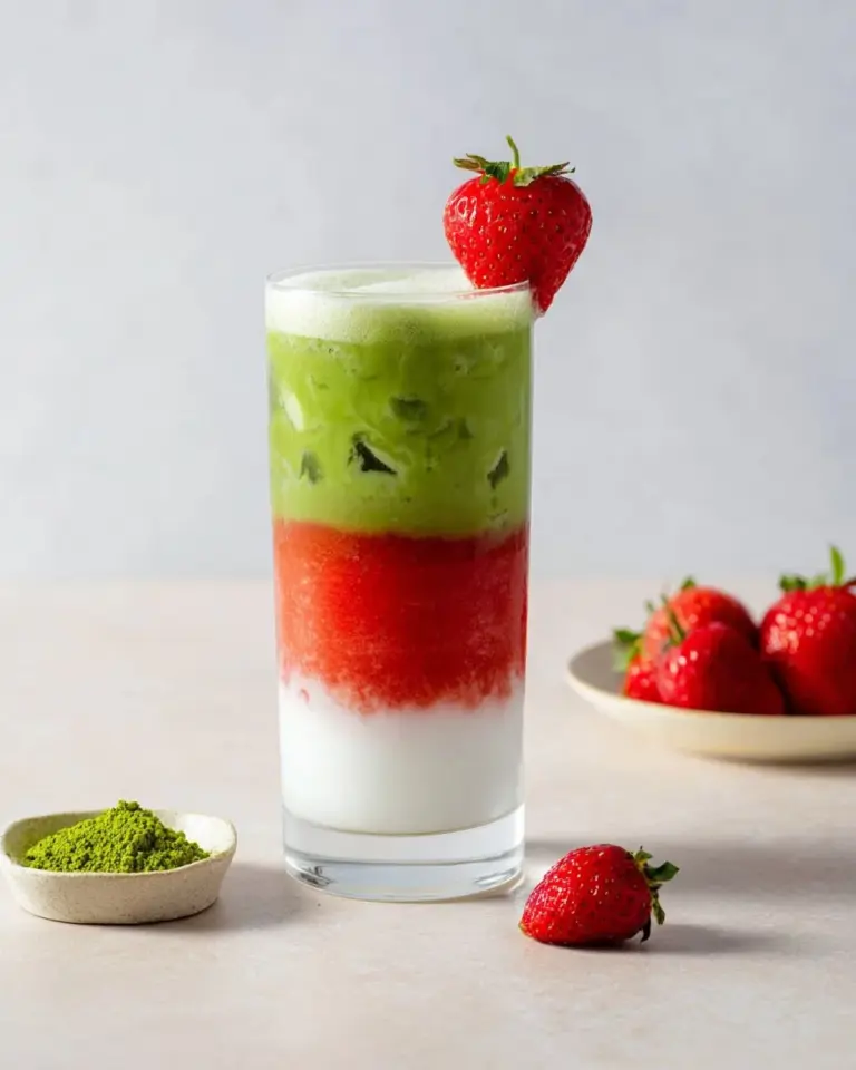 Strawberry Matcha Latte with creamy foam and fresh strawberries on top