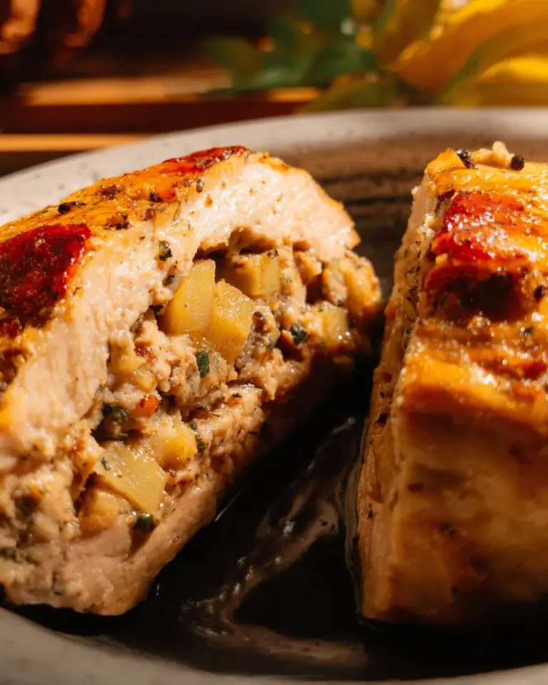 Delicious stuffed pork chops with sausage and apple served with pan sauce