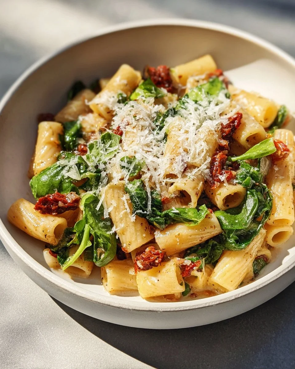 Delicious sun-dried tomato pasta garnished with herbs and cheese
