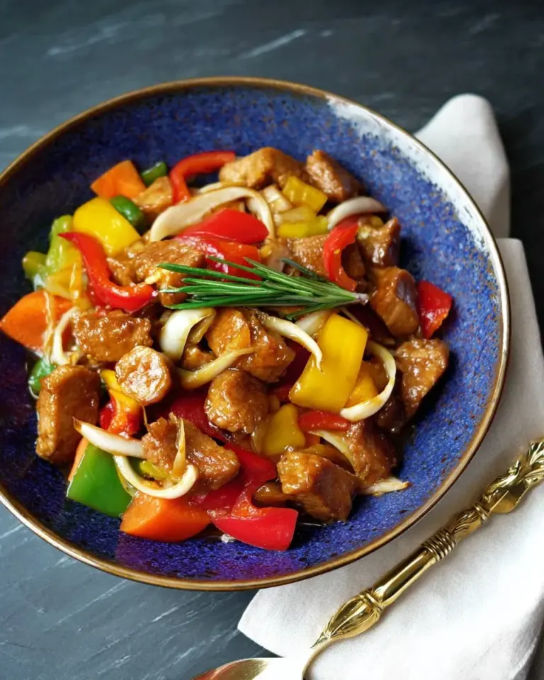 A vibrant plate of Sweet and Sour Pork, recipe without frying