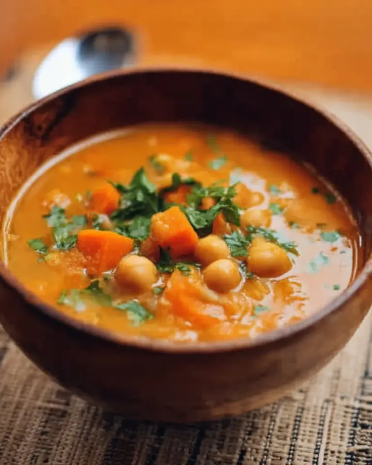 Bowl of sweet potato curry chickpea soup topped with fresh herbs.