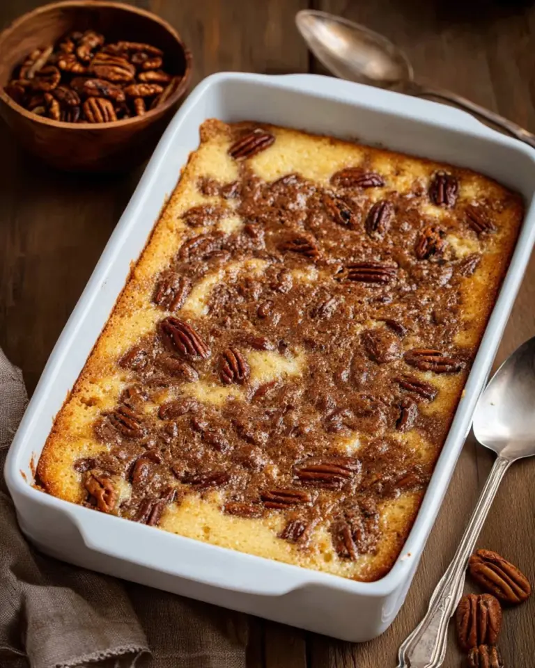 Delicious sweet potato dump cake topped with whipped cream and nuts.