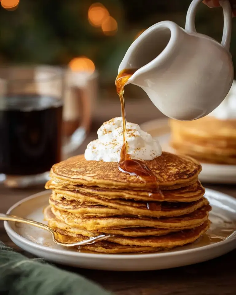 Fluffy sweet potato pancakes stacked on a plate with syrup and berries