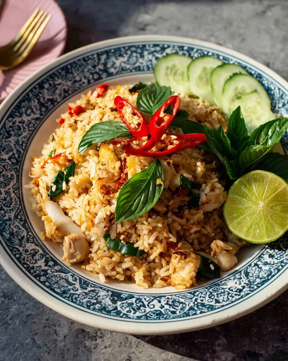 Plate of Thai Basil Chicken Fried Rice garnished with fresh basil leaves.