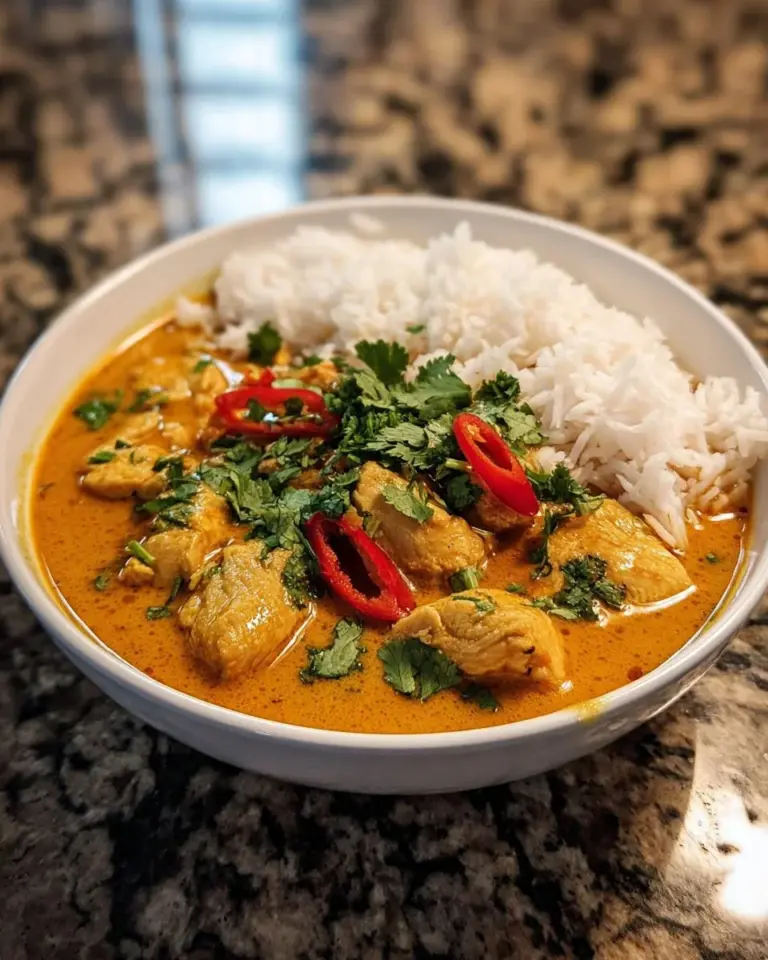 Bowl of Thai chicken curry with coconut milk and fresh herbs