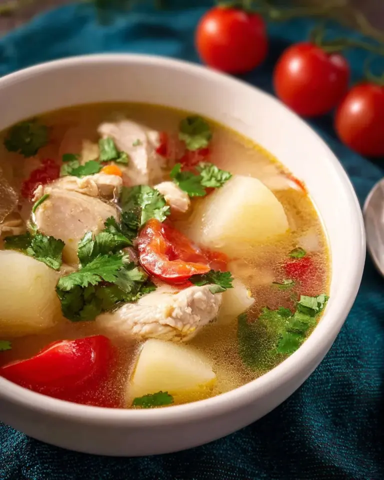 Bowl of Thai Chicken Soup with potatoes and fresh herbs