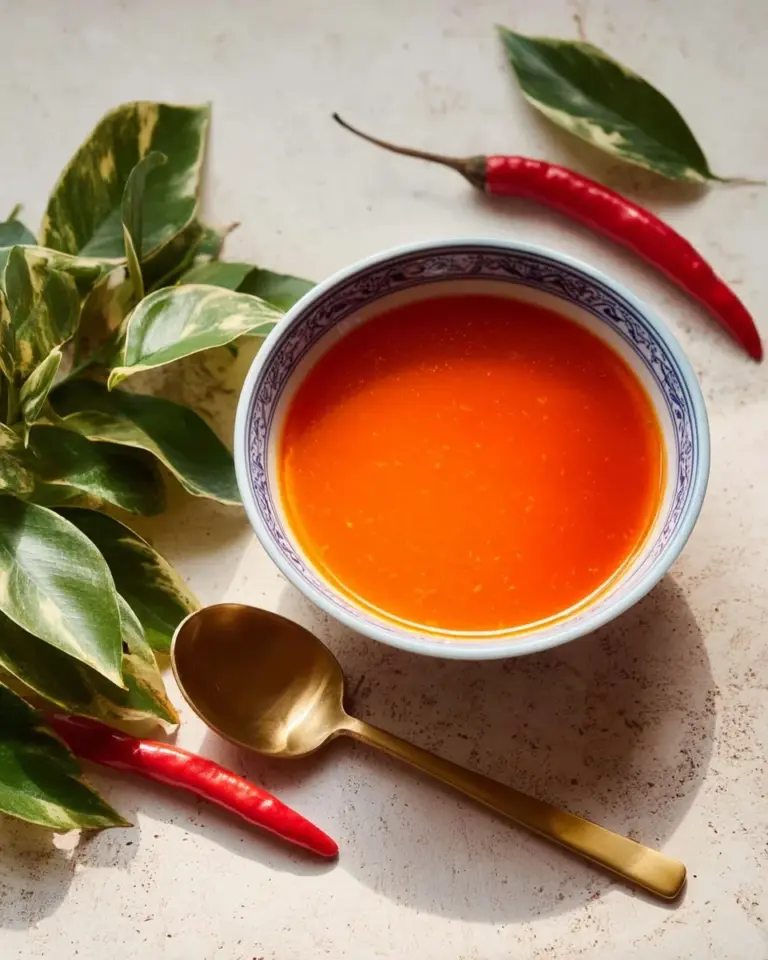 Bottle of Thai Chili Vinegar (Prik Nam Som) with fresh chilies and herbs