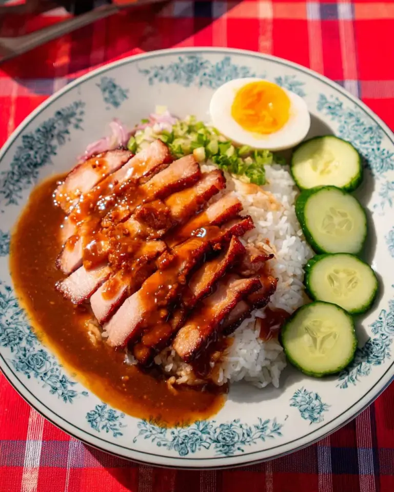 Delicious plate of Thai-Chinese Barbecue Pork Rice garnished with fresh herbs