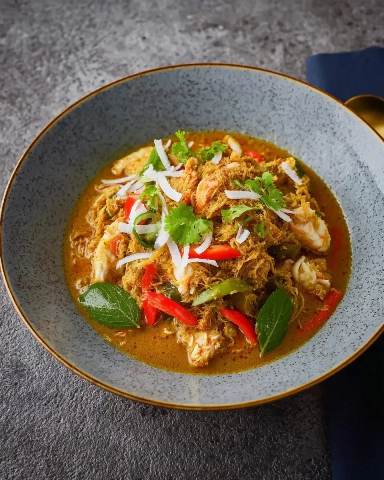 Delicious Thai curry crab stir fry garnished with fresh herbs and spices