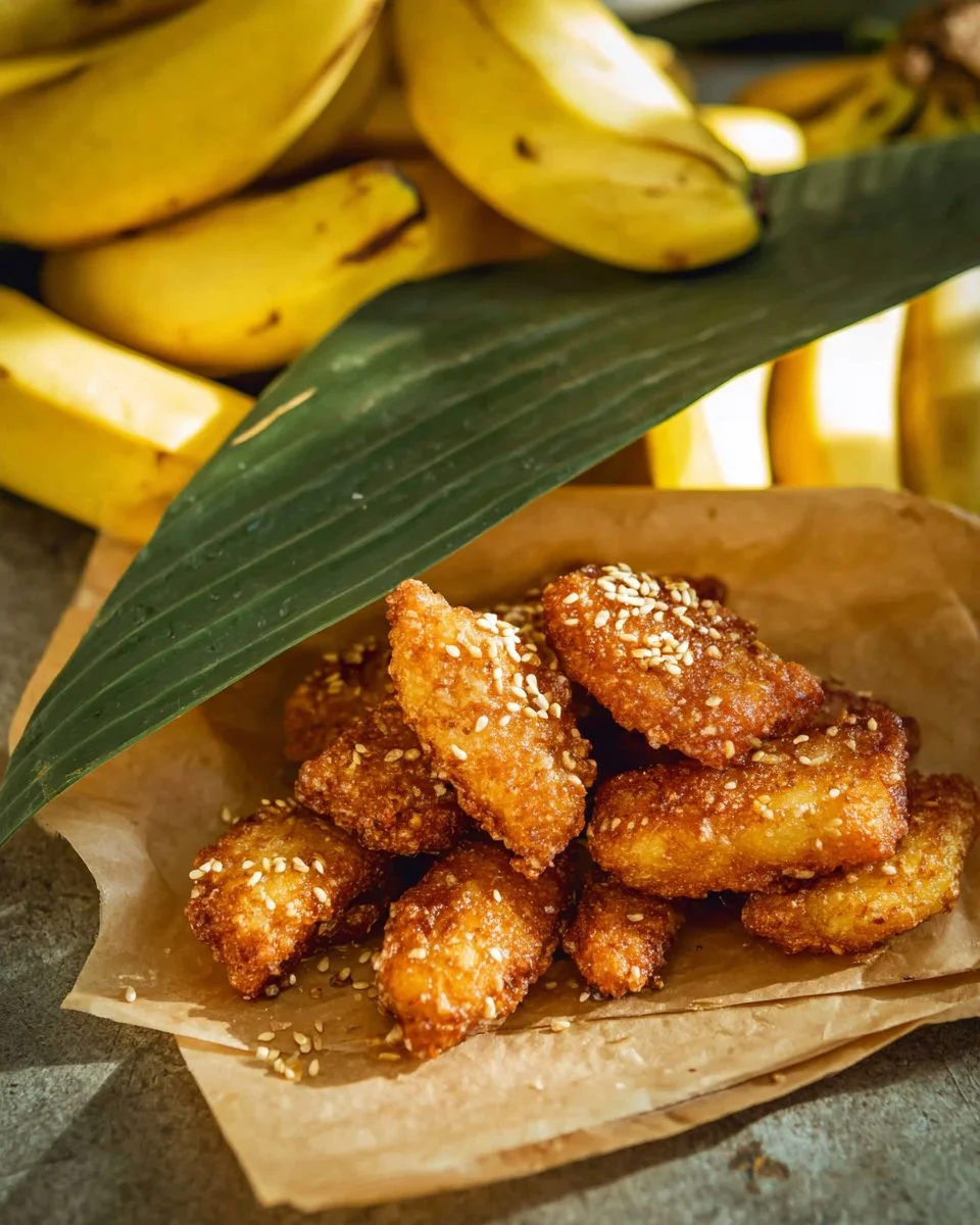 Plate of crispy Thai Fried Bananas (gluay kaeg) with a golden brown texture.